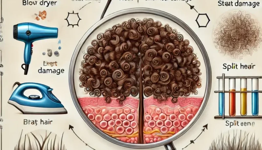 A scientific illustration showing a comparison of curly hair under heat and chemical damage. On the left side, curly hair is exposed to a blow dryer a